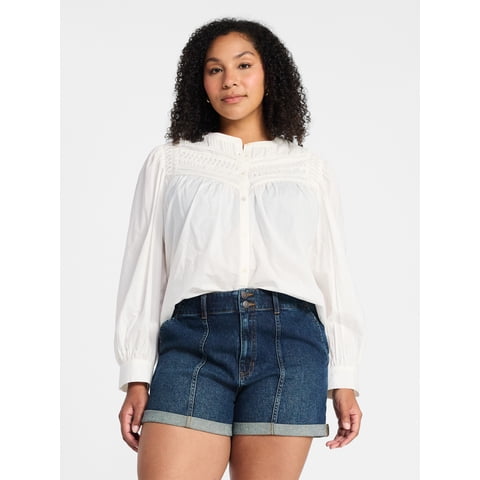 Women's Textured Yoke Cotton Blouse with Long Puff Sleeves, Sizes XS-XXXL