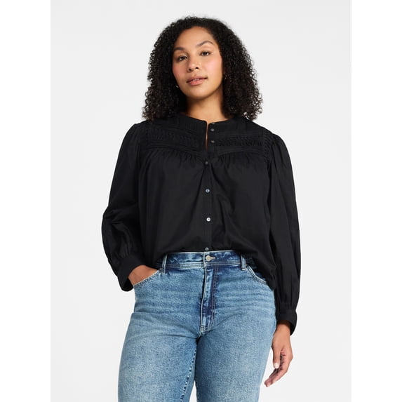 Time and Tru Women's Textured Yoke Cotton Blouse with Long Puff Sleeves, Sizes XS-XXXL