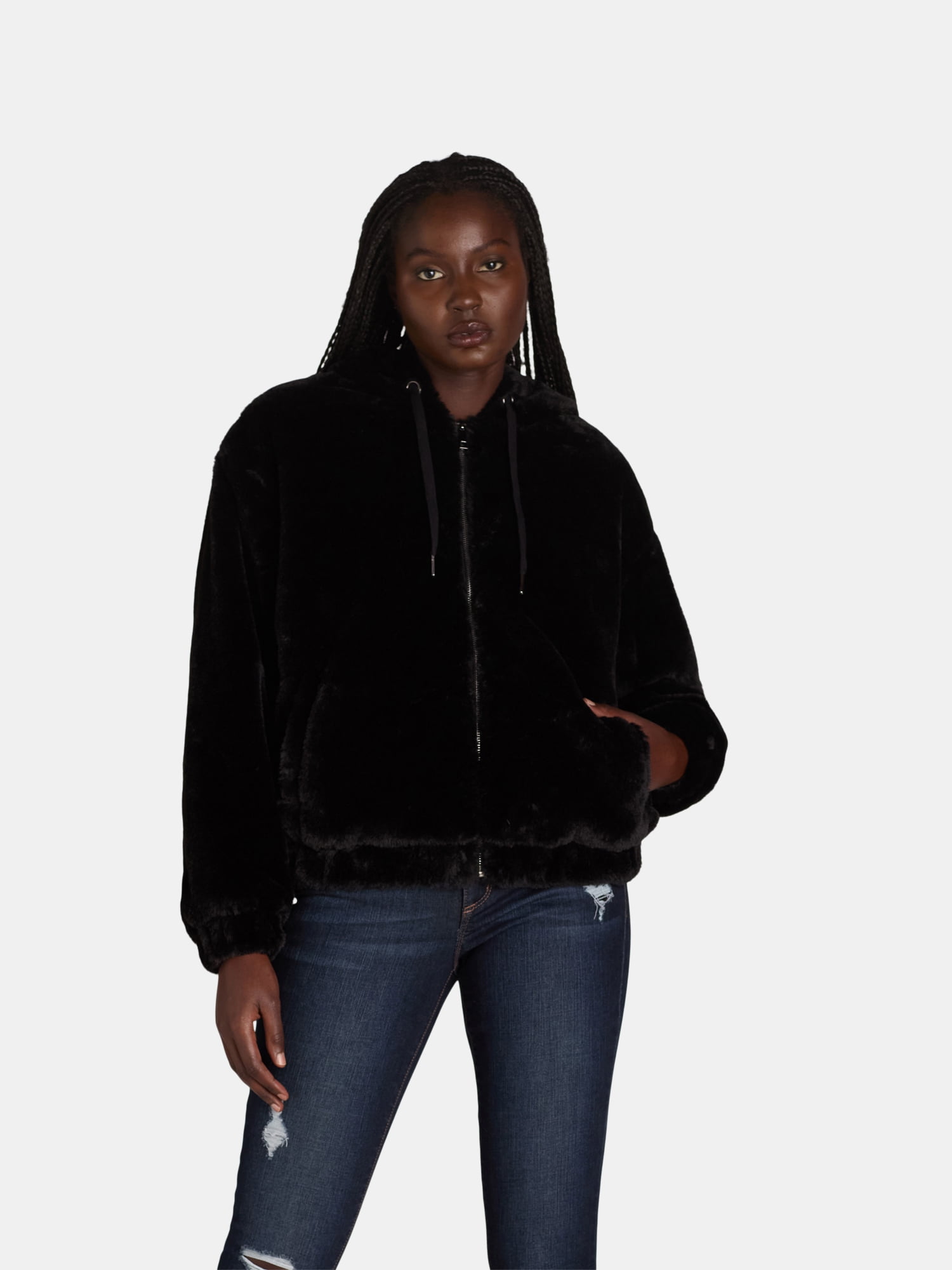 Time and Tru Women's and Women’s Plus Faux Fur Zip Hoodie, Sizes XS-3X