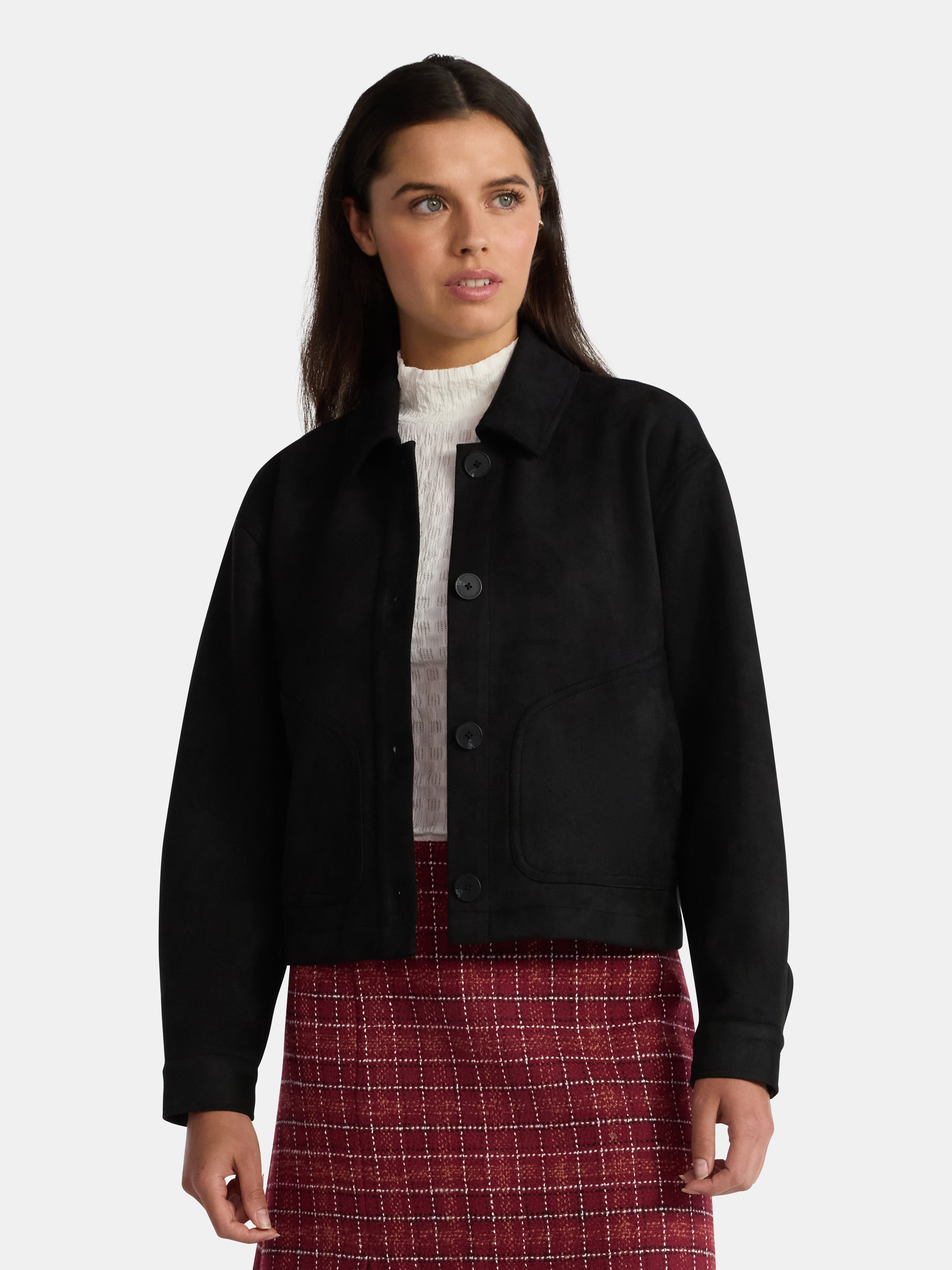 Time and Tru Women's Faux Suede Button Front Jacket, Sizes XS-XXXL