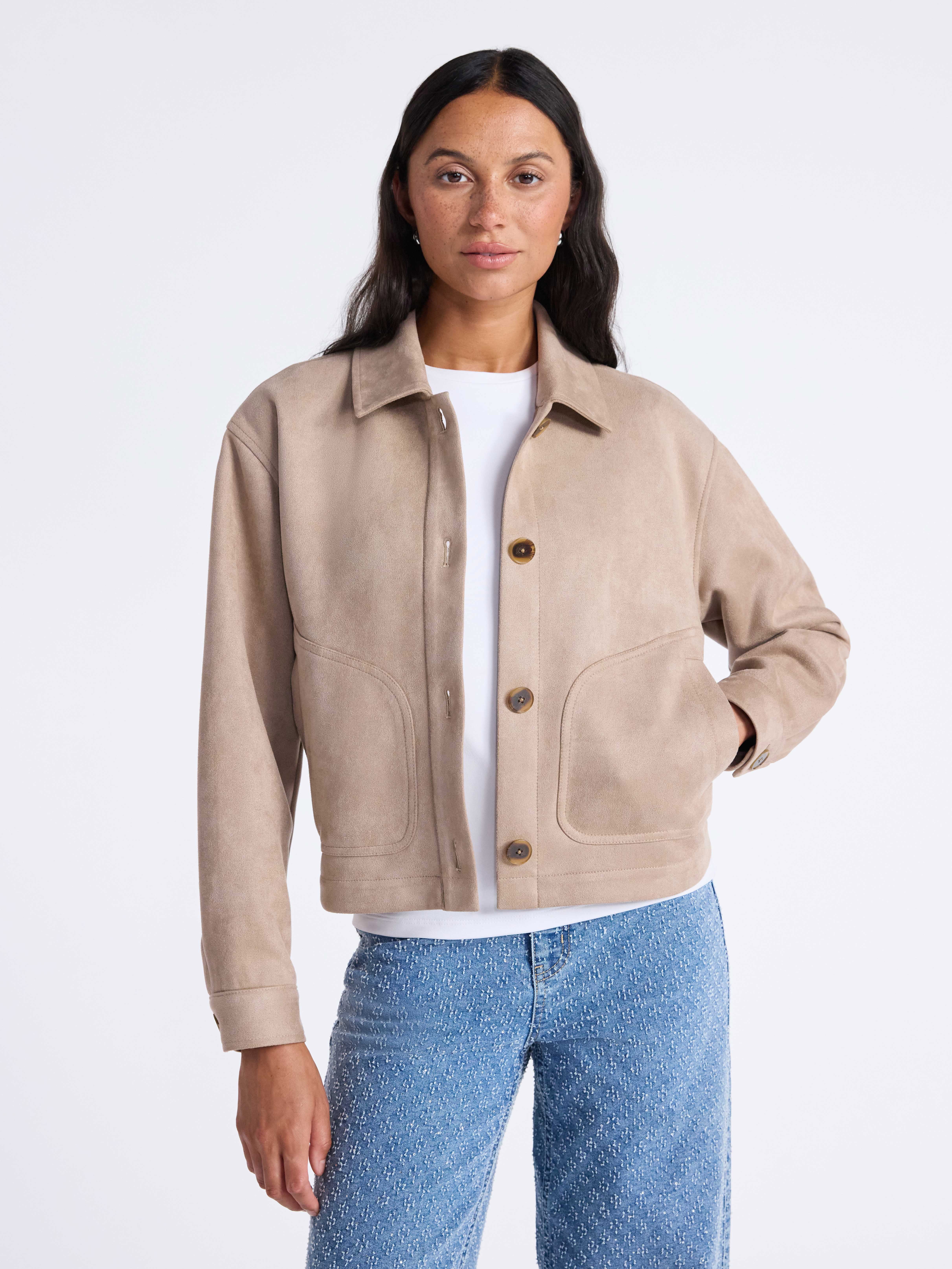 Time and Tru Women's Faux Suede Button Front Jacket, Sizes XS-XXXL