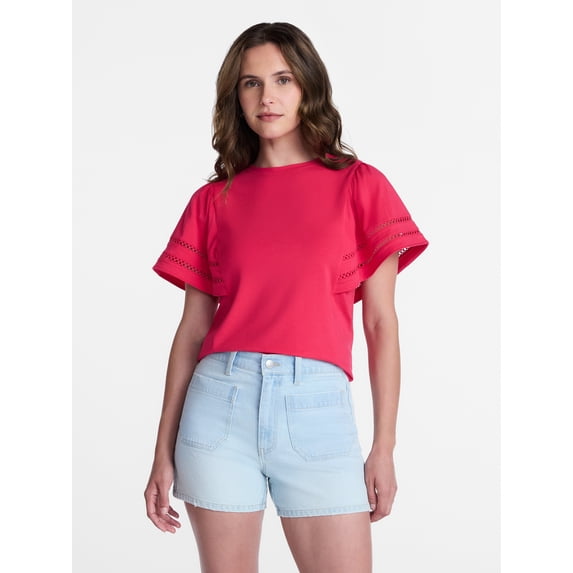 Time and Tru Women’s Crewneck Top with Lace Inset Flounce Sleeves, Sizes XS-XXXL