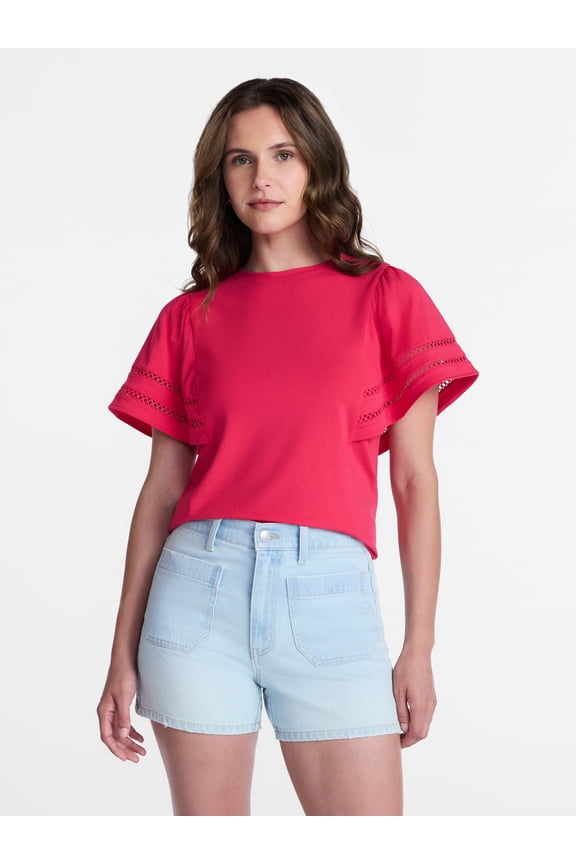 Women’s Crewneck Top with Lace Inset Flounce Sleeves, Sizes XS-XXXL