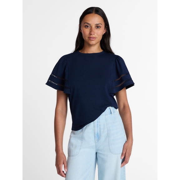 Time and Tru Women’s Crewneck Top with Lace Inset Flounce Sleeves, Sizes XS-XXXL