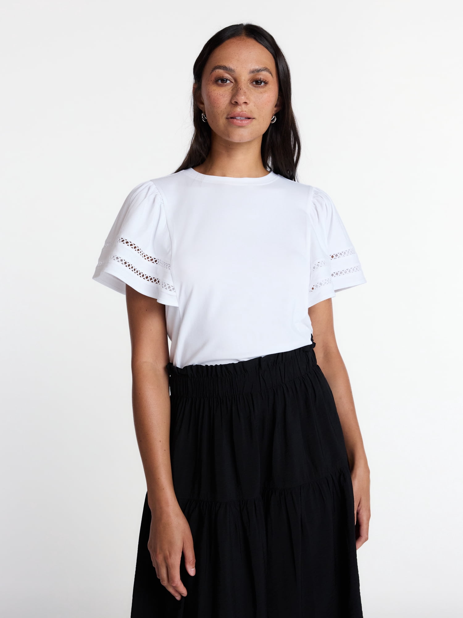 Time and Tru Women’s Crewneck Top with Lace Inset Flounce Sleeves, Sizes XS-XXXL
