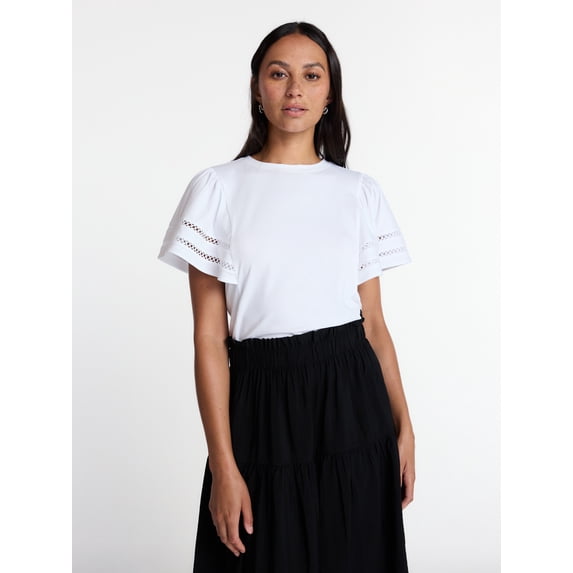 Time and Tru Women’s Crewneck Top with Lace Inset Flounce Sleeves, Sizes XS-XXXL