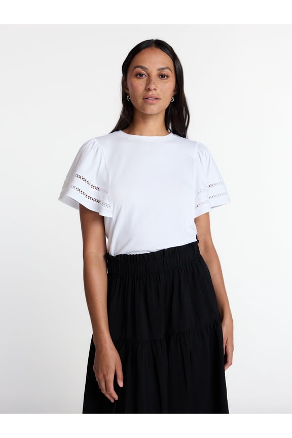 Women’s Crewneck Top with Lace Inset Flounce Sleeves, Sizes XS-XXXL