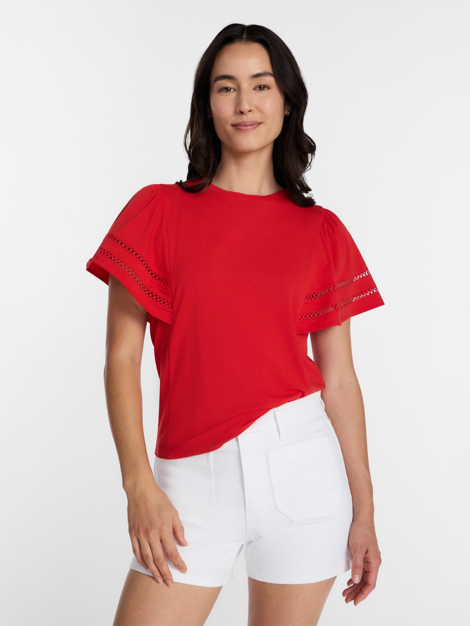 Time and Tru Women's Top with Short Flounce Sleeves, Sizes XS-XXXL