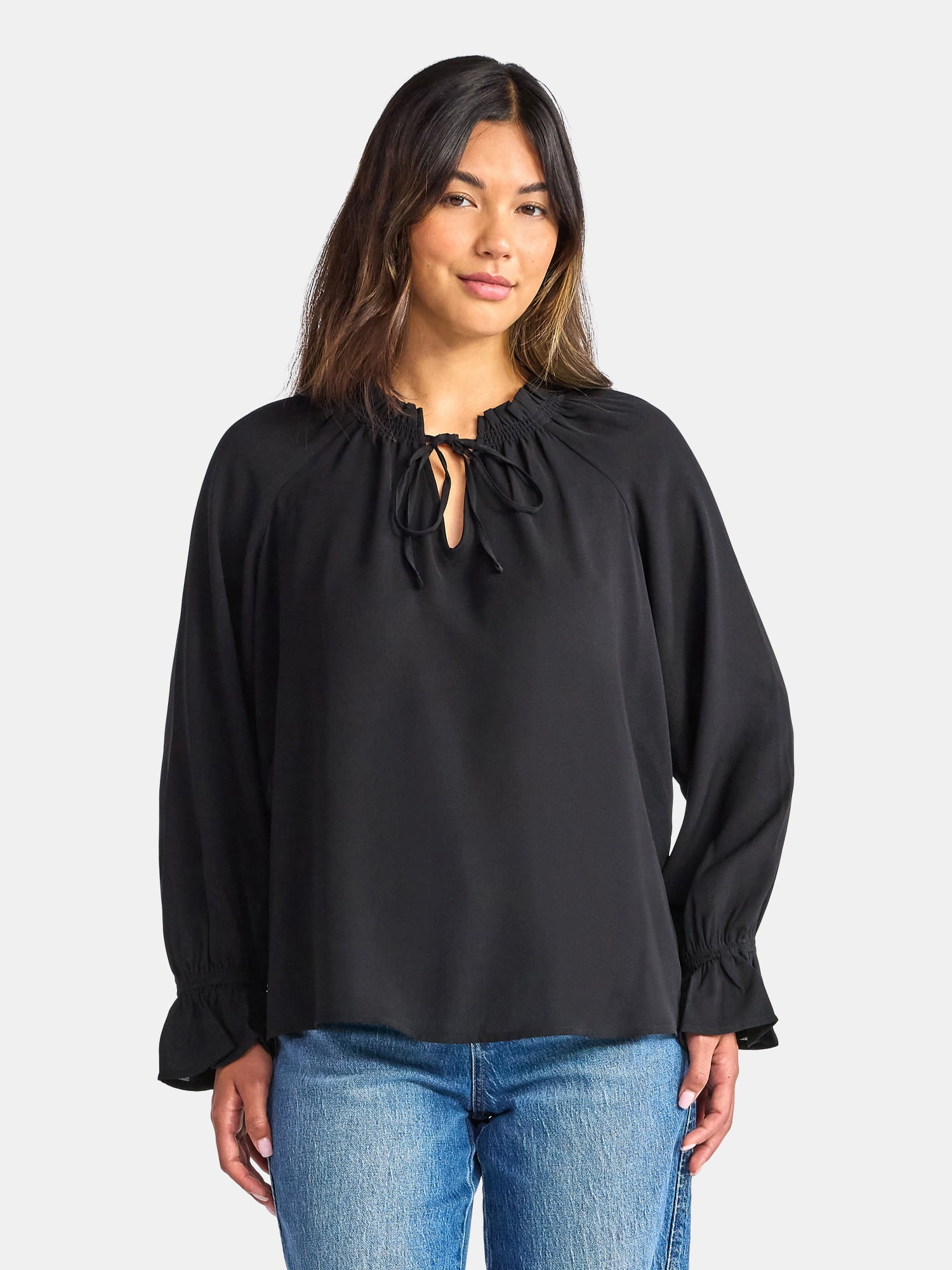 Time and Tru Women's Ruffle Neck Blouse with Long Sleeves, Size XS – XXXL