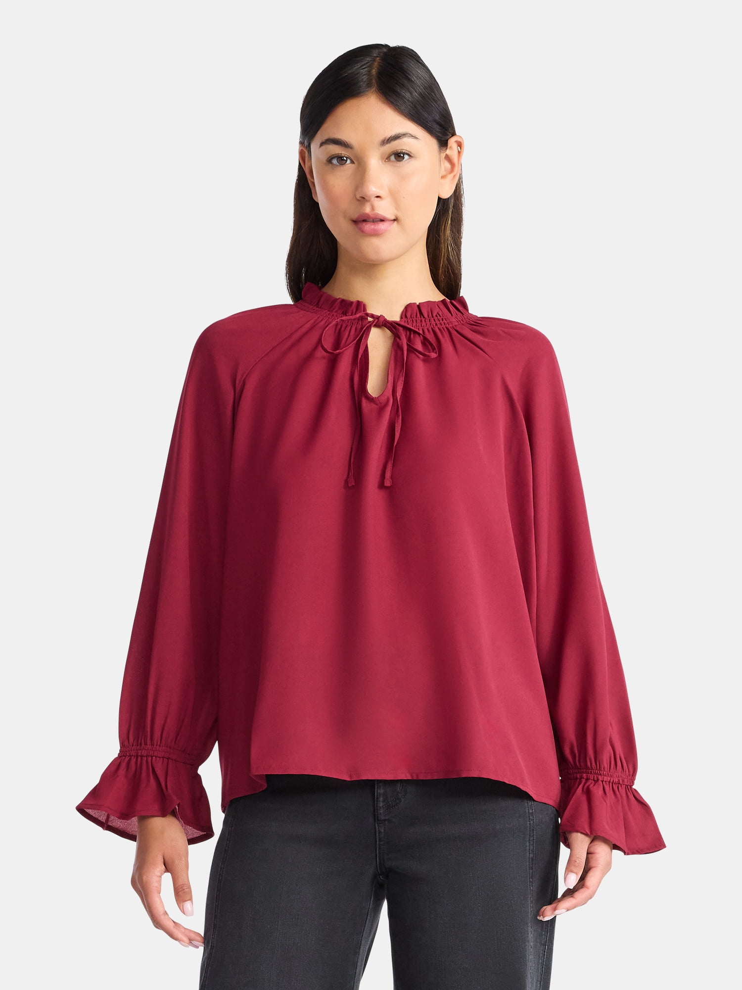Time and Tru Women's Ruffle Neck Blouse with Long Sleeves, Size XS – XXXL