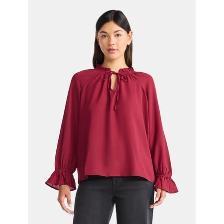 Time and Tru Women's Ruffle Neck Blouse with Long Sleeves, Size XS – XXXL