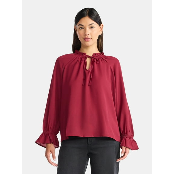 Time and Tru Women's Ruffle Neck Blouse with Long Sleeves, Size XS – XXXL