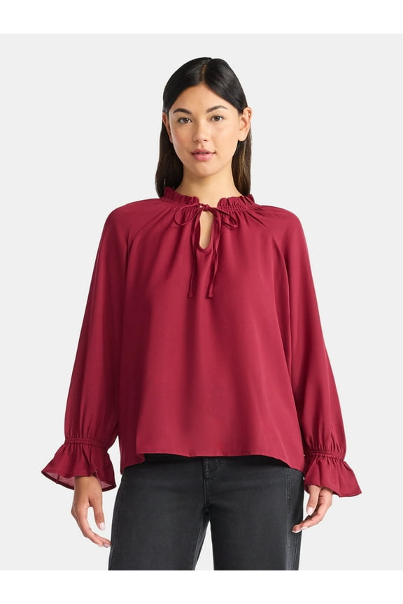 Women's Ruffle Neck Blouse with Long Sleeves, Size XS – XXXL