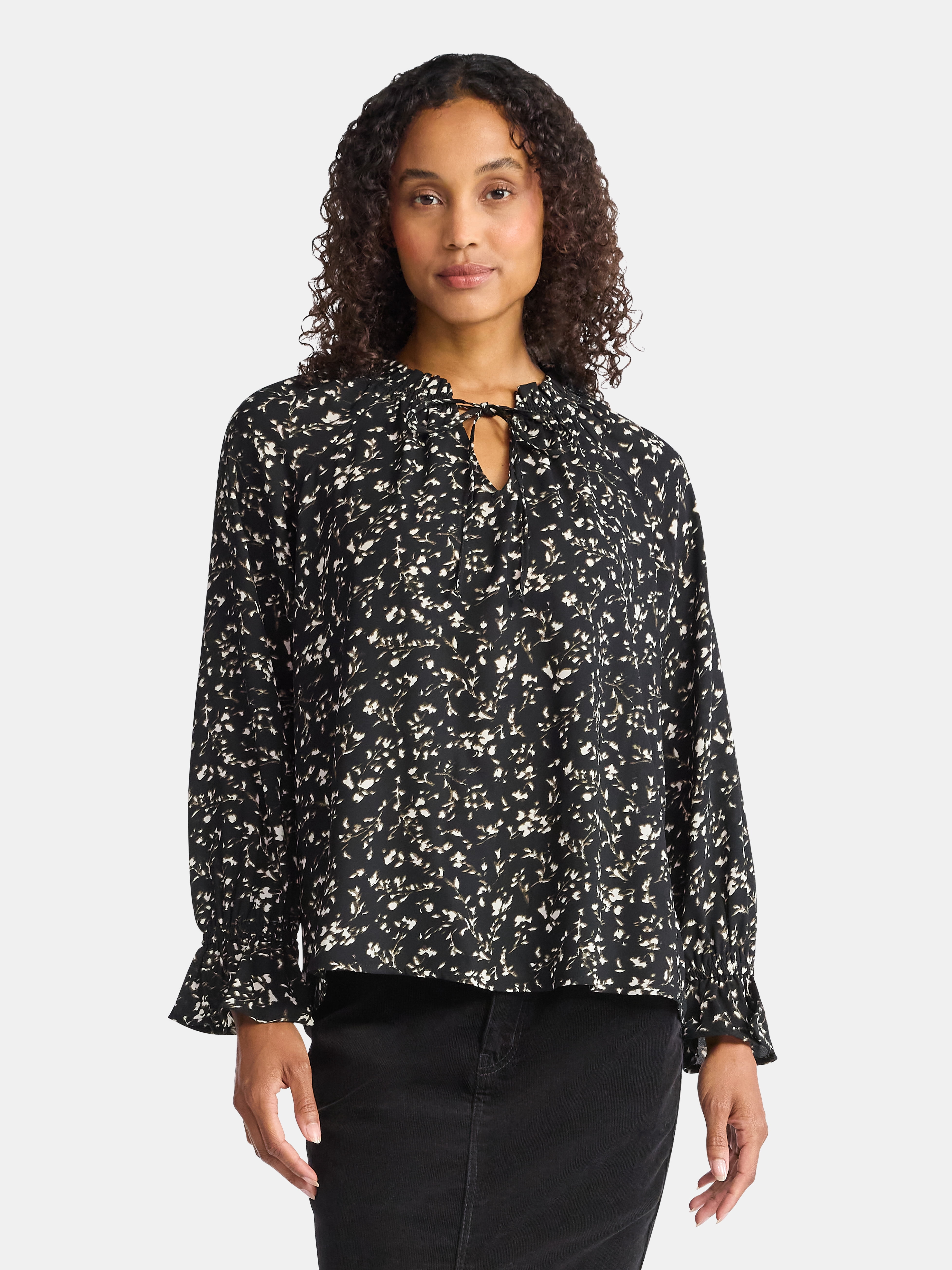 Time and Tru Women's Ruffle Neck Blouse with Long Sleeves, Size XS – XXXL