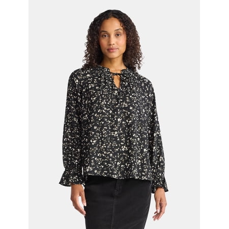 Time and Tru Women's Ruffle Neck Blouse with Long Sleeves, Size XS – XXXL