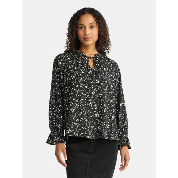 Time and Tru Women's Ruffle Neck Blouse with Long Sleeves, Size XS – XXXL