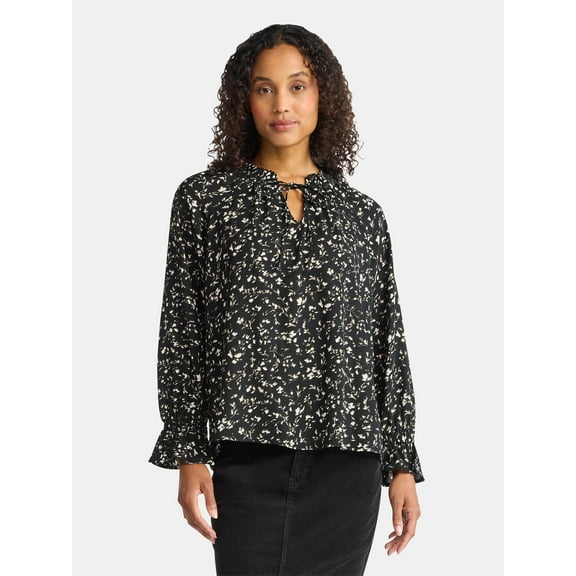 Time and Tru Women's Ruffle Neck Blouse with Long Sleeves, Size XS – XXXL