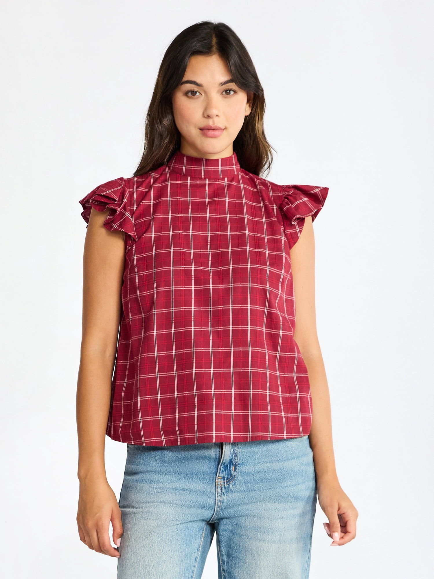 Time and Tru Women's Mock Neck Top with Flutter Sleeves, Sizes XS-XXXL