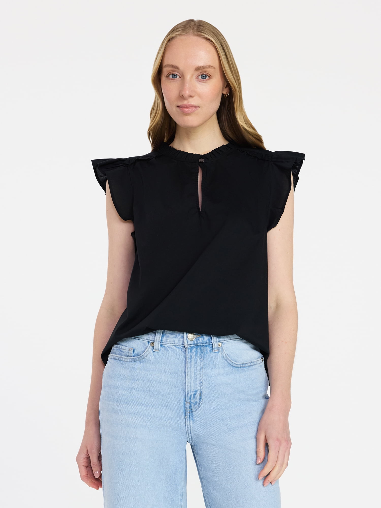 Time and Tru Women's Cotton Split Neck Top with Flutter Sleeves, Sizes XS-XXXL