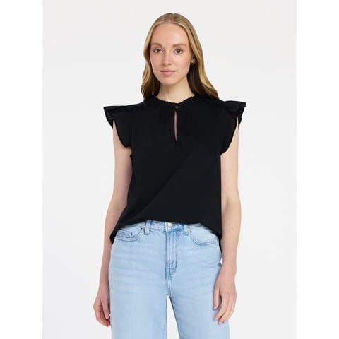 Women's Cotton Split Neck Top with Flutter Sleeves, Sizes XS-XXXL