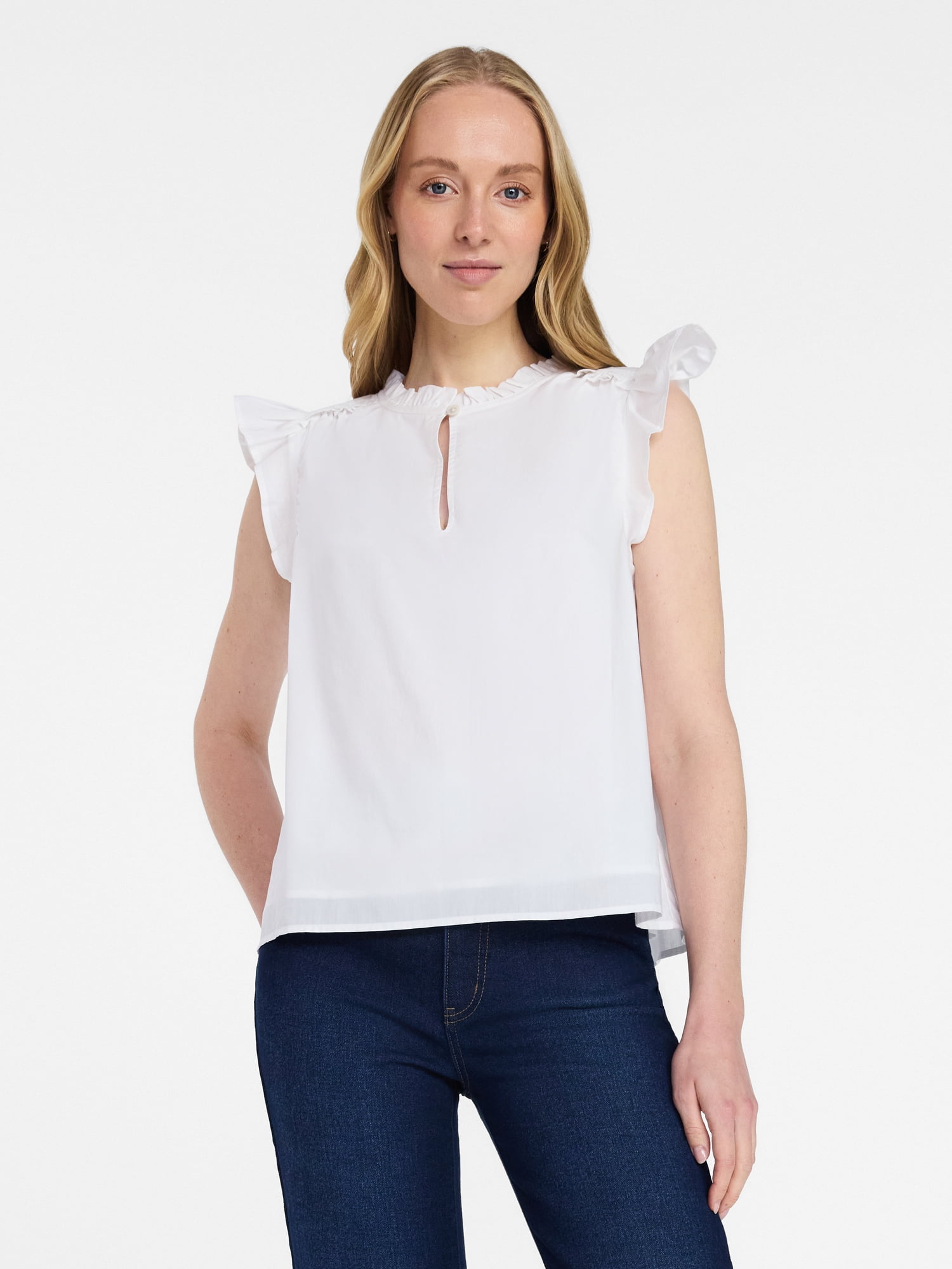 Time and Tru Women's Cotton Split Neck Top with Flutter Sleeves, Sizes XS-XXXL