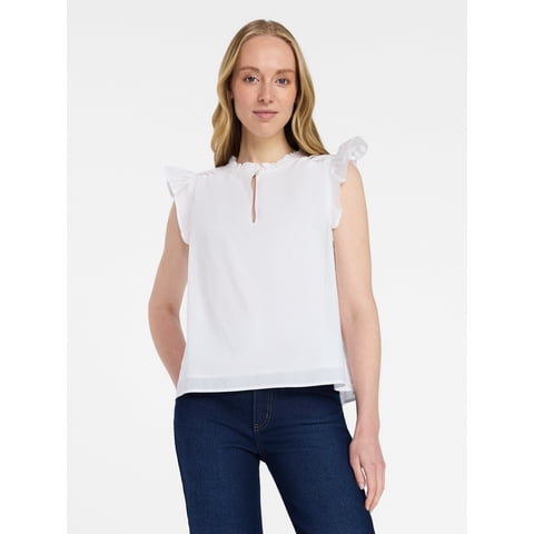 Women's Cotton Split Neck Top with Flutter Sleeves, Sizes XS-XXXL