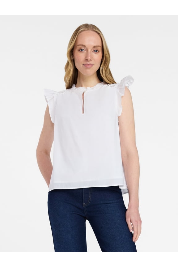 Women's Cotton Split Neck Top with Flutter Sleeves, Sizes XS-XXXL