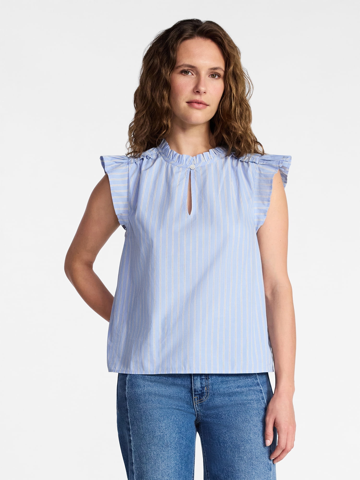 Time and Tru Women's Cotton Split Neck Top with Flutter Sleeves, Sizes XS-XXXL