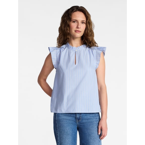 Time and Tru Women's Cotton Split Neck Top with Flutter Sleeves, Sizes XS-XXXL