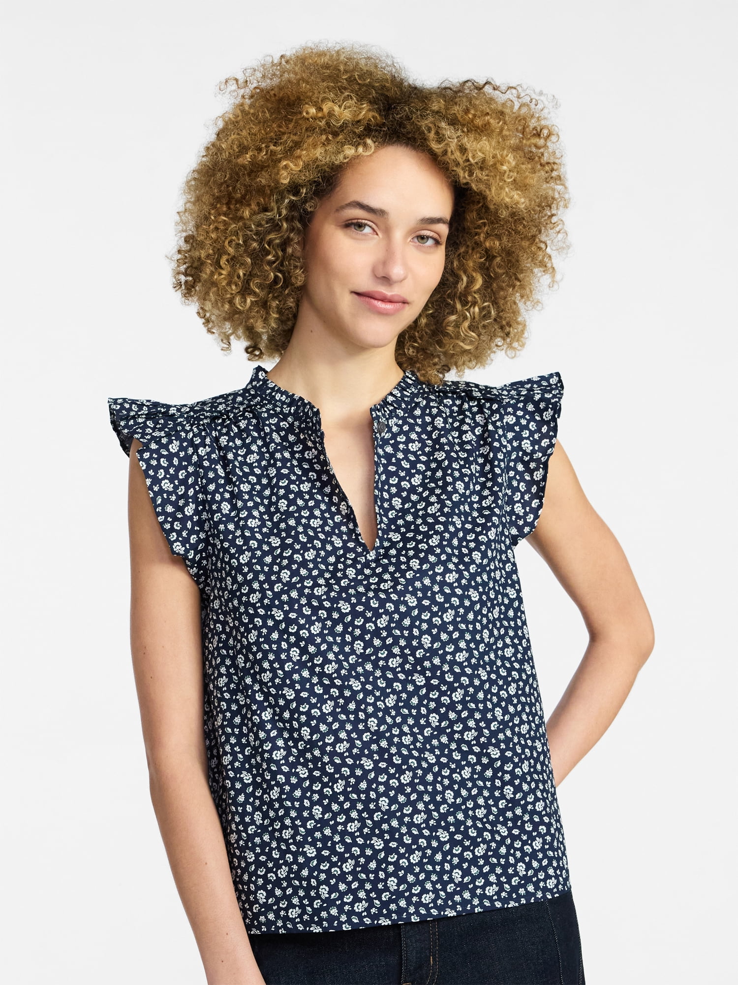 Time and Tru Women's Cotton Split Neck Top with Flutter Sleeves, Sizes XS-XXXL