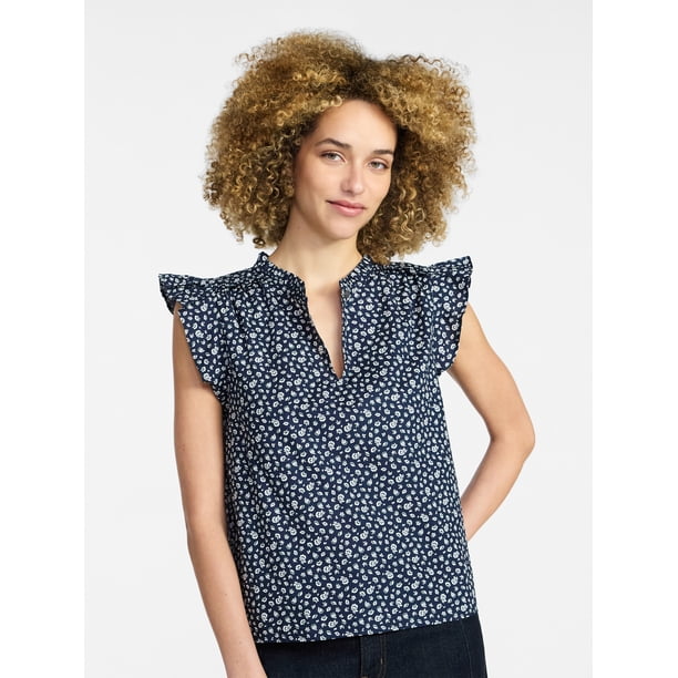 Time and Tru Women's Cotton Split Neck Top with Flutter Sleeves