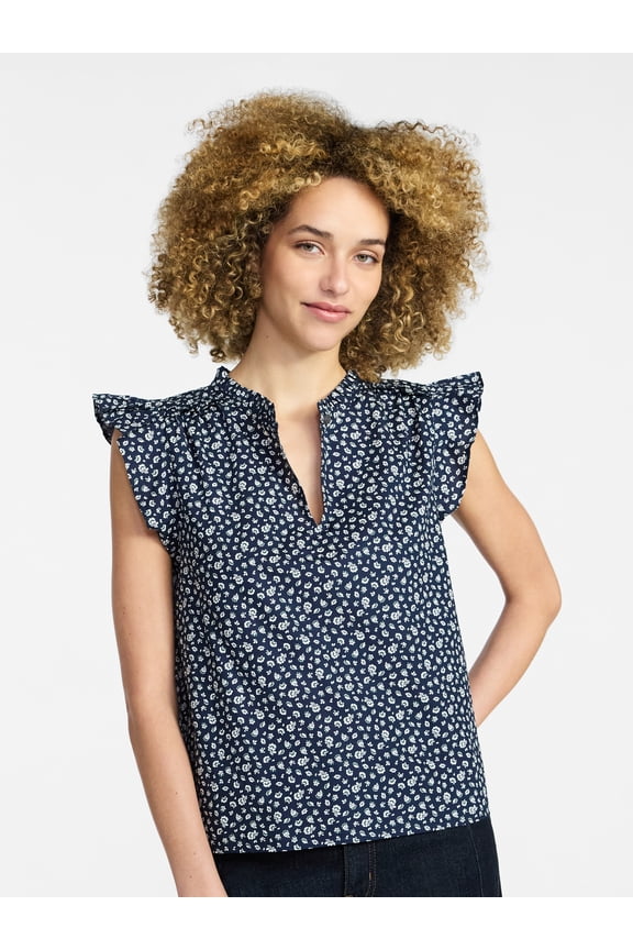 Women's Cotton Split Neck Top with Flutter Sleeves, Sizes XS-XXXL