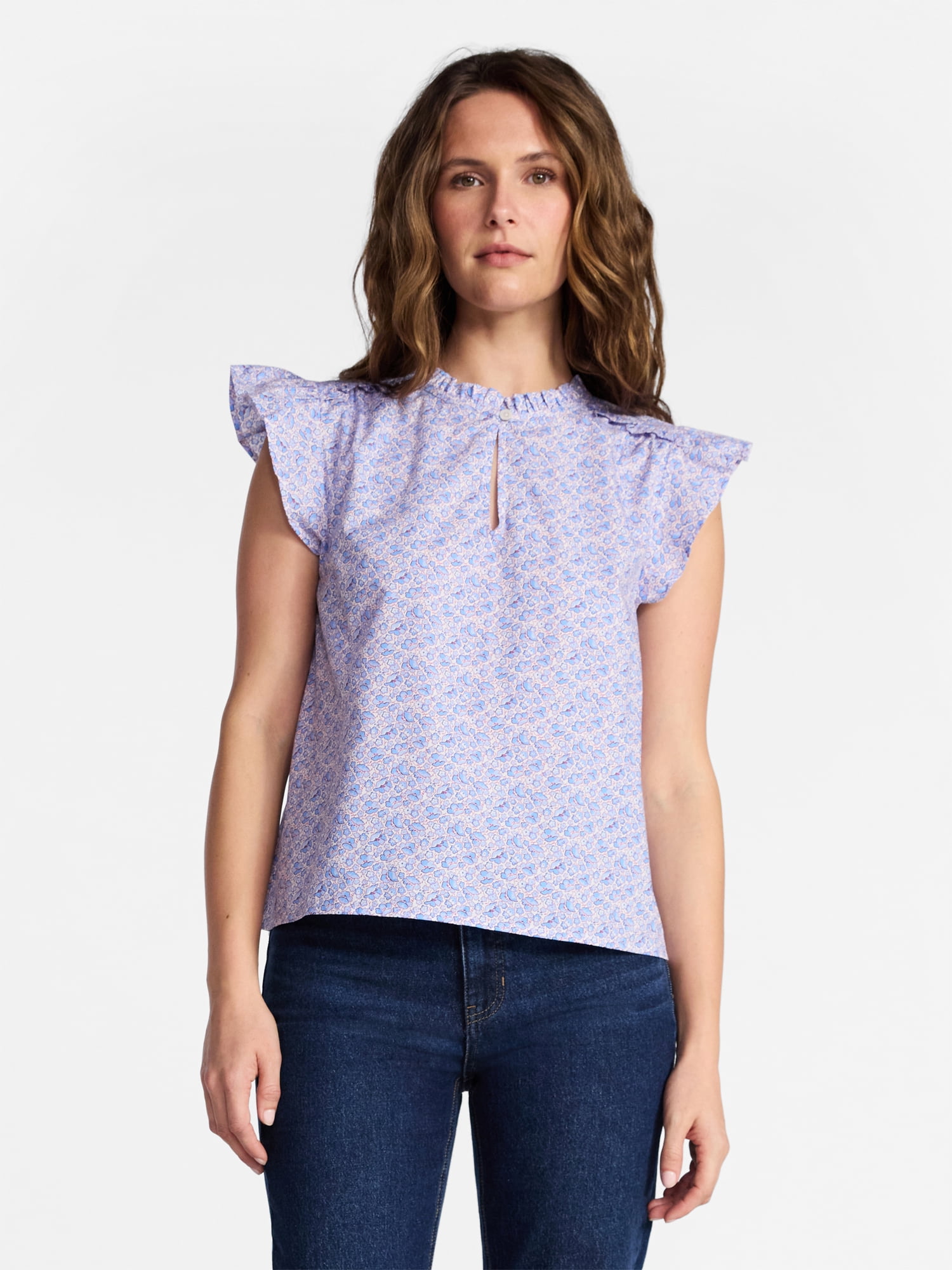 Time and Tru Women's Cotton Split Neck Top with Flutter Sleeves, Sizes XS-XXXL