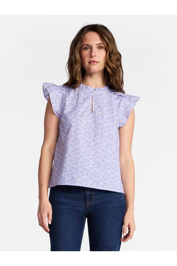 Women's Cotton Split Neck Top with Flutter Sleeves, Sizes XS-XXXL