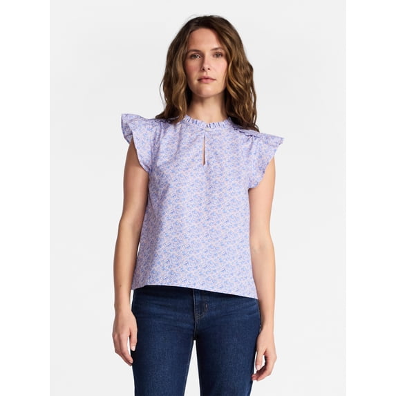 Time and Tru Women's Cotton Split Neck Top with Flutter Sleeves, Sizes XS-XXXL