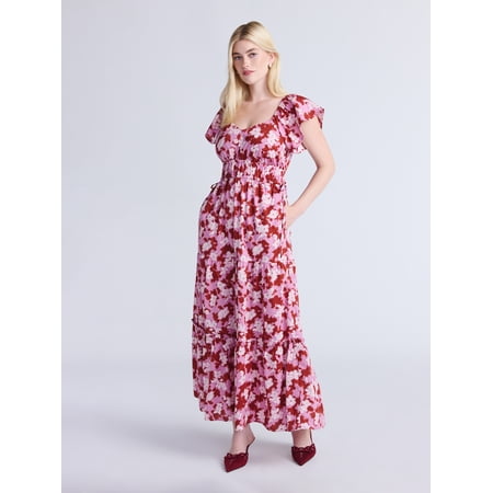 Time and Tru Women's Cotton Print Maxi Dress with Flutter Sleeves, Sizes XS-XXXL