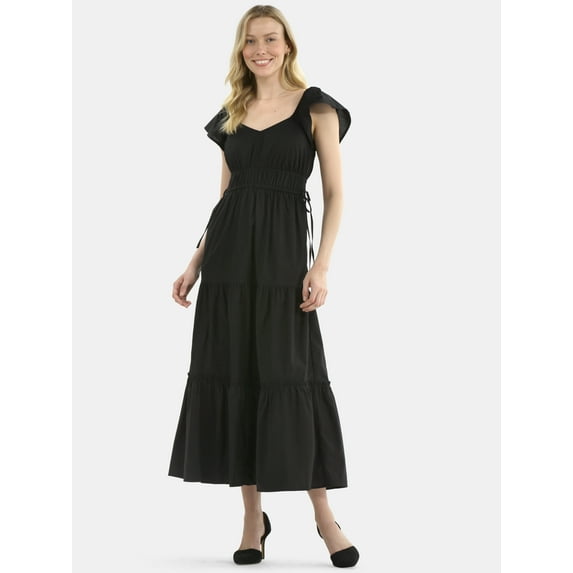 Time and Tru Women's Cotton Maxi Dress with Flutter Sleeves, Sizes XS-XXXL