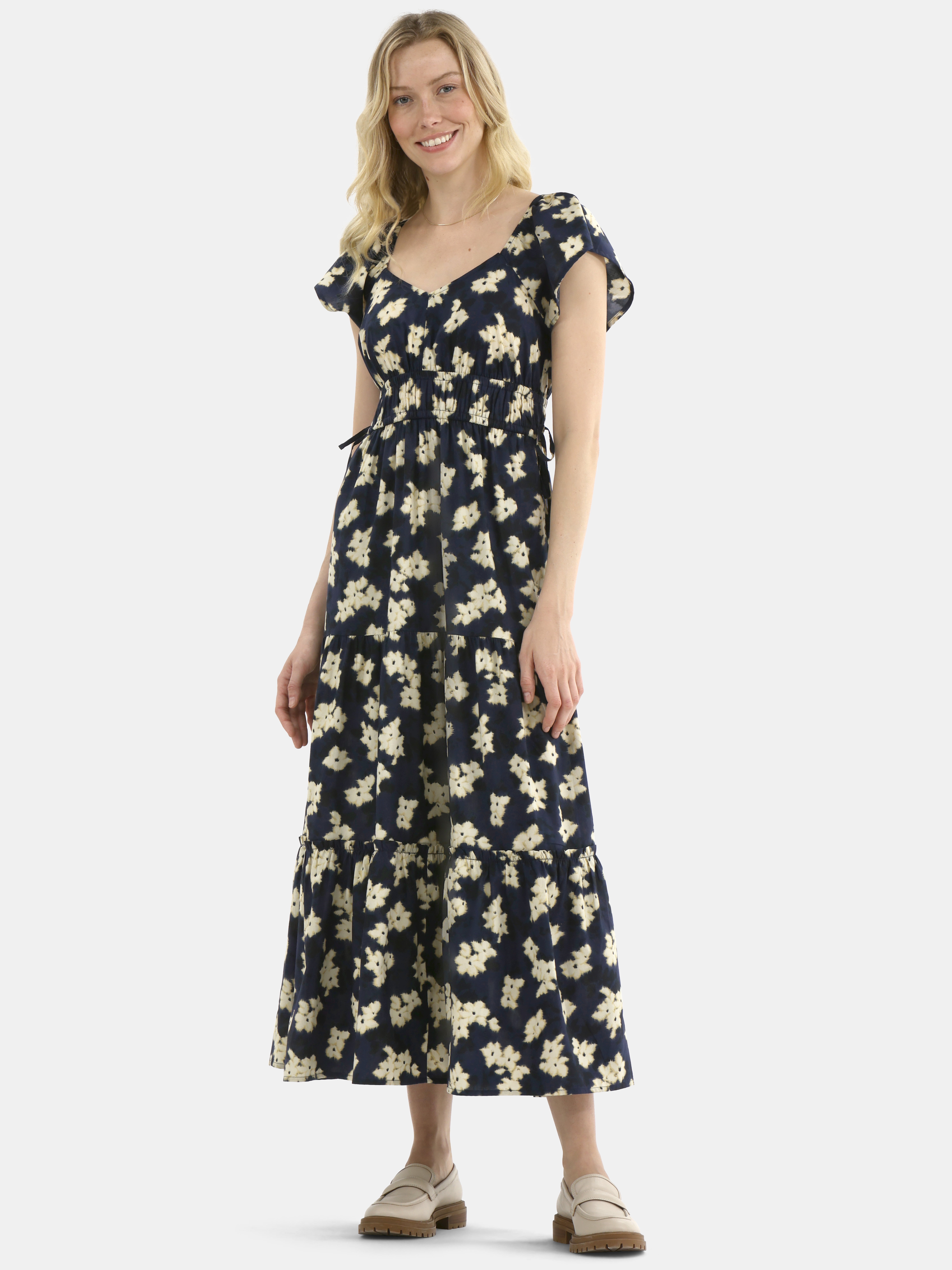 Time and Tru Women's Cotton Print Maxi Dress with Flutter Sleeves, Sizes XS-XXXL
