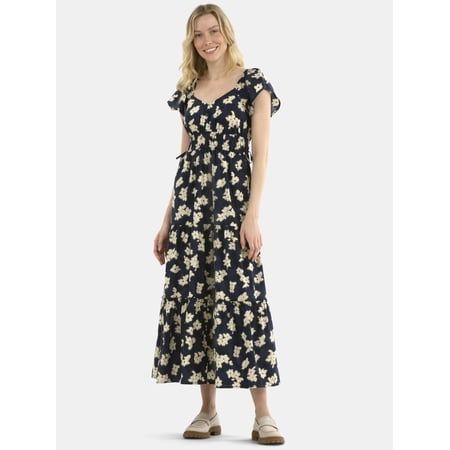 Time and Tru Women's Cotton Print Maxi Dress with Flutter Sleeves, Sizes XS-XXXL