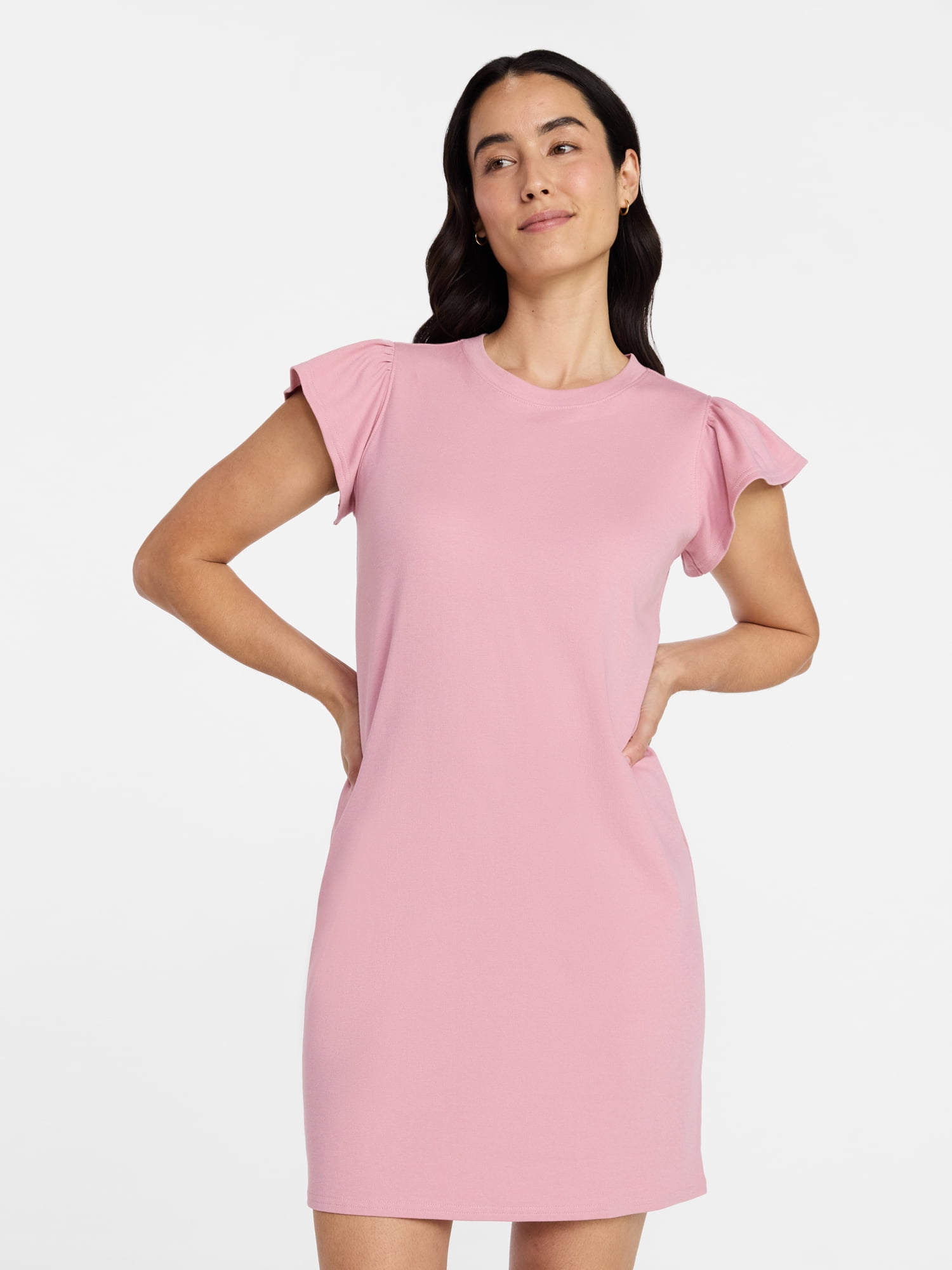 Time and Tru Women's Cotton T-Shirt Mini Dress with Flutter Sleeves, Sizes XS-XXXL