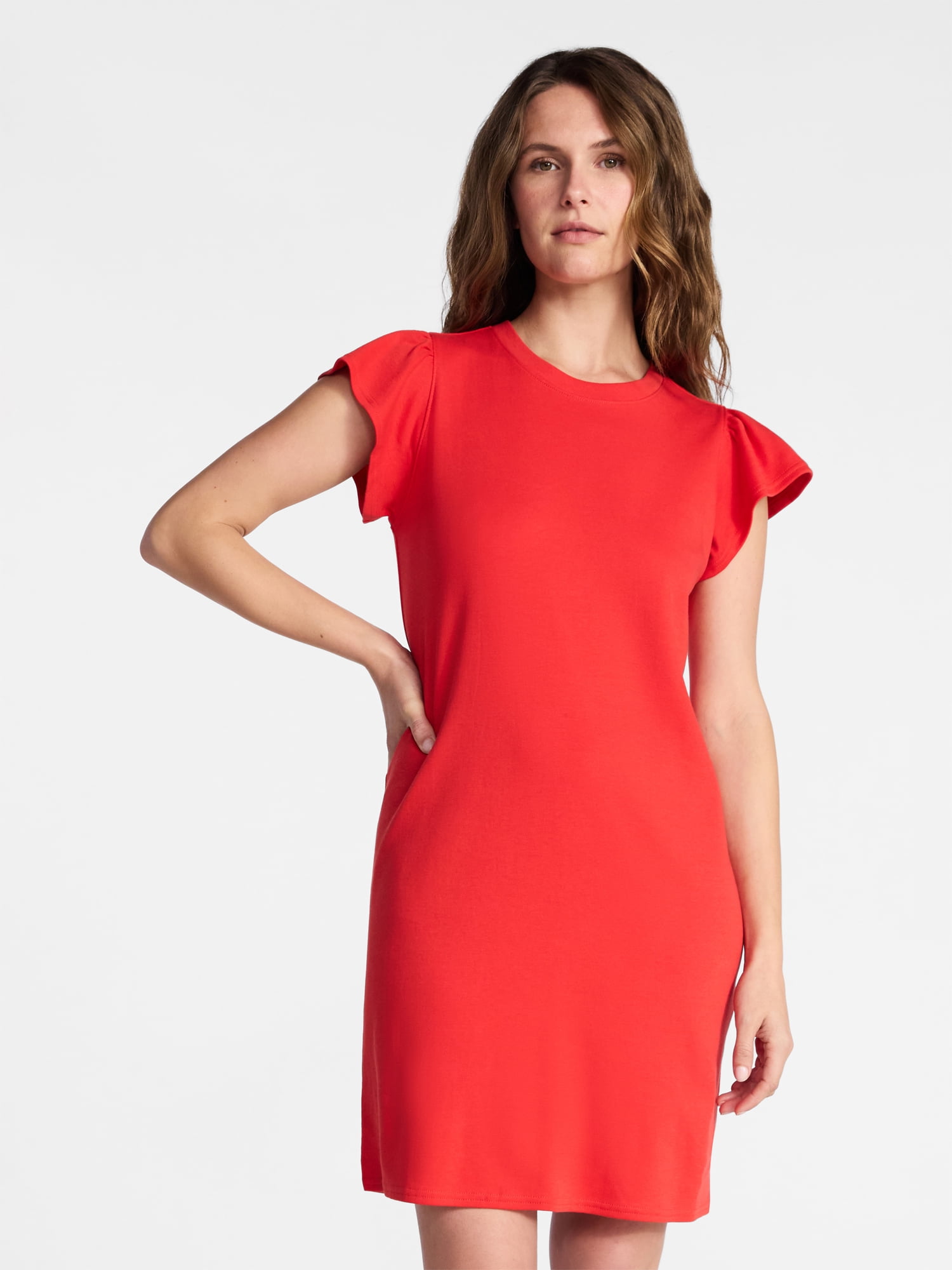Time and Tru Women's Cotton T-Shirt Mini Dress with Short Flutter Sleeves, Sizes XS-XXXL