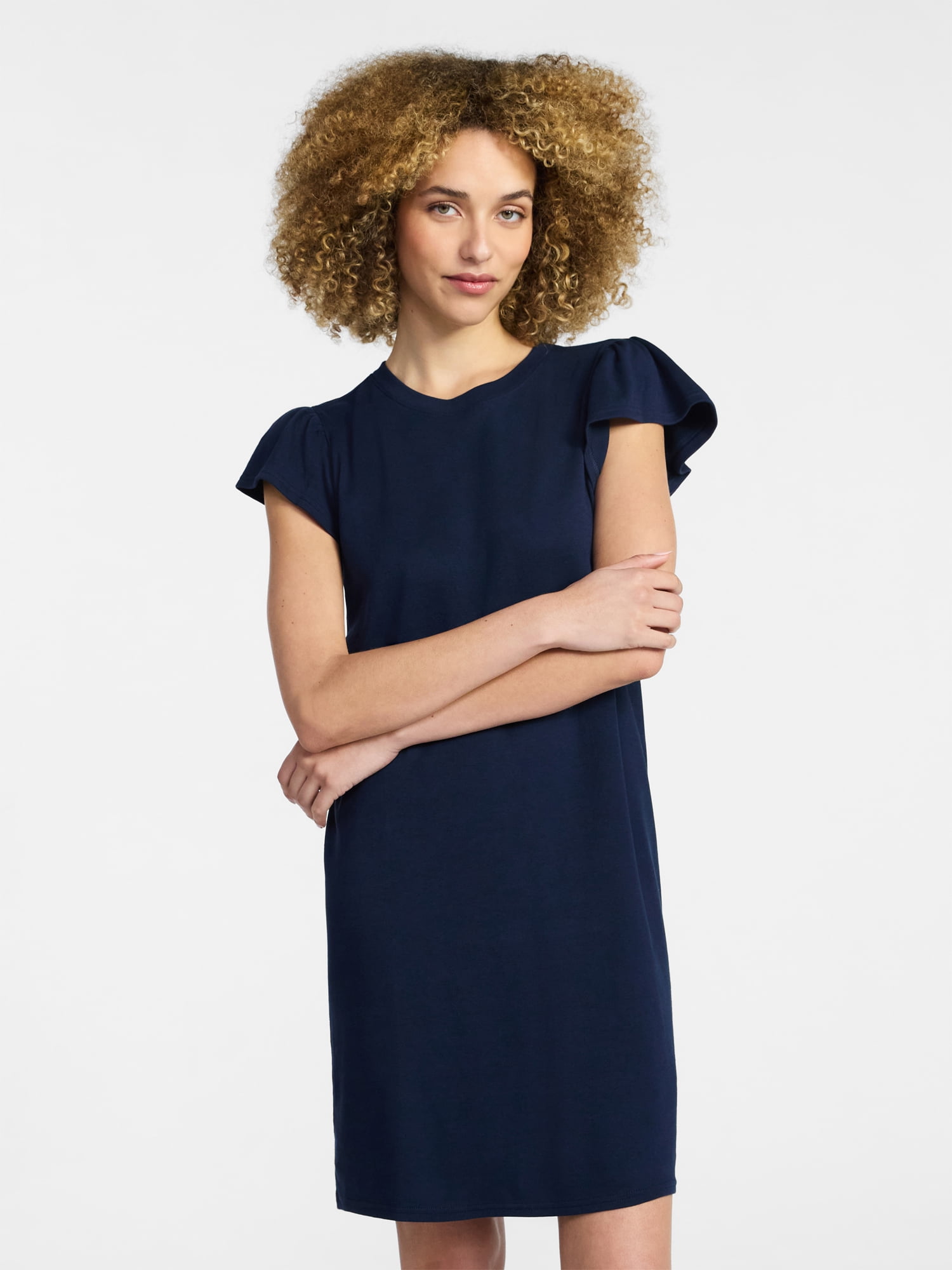 Time and Tru Women's Cotton T-Shirt Mini Dress with Short Flutter Sleeves, Sizes XS-XXXL