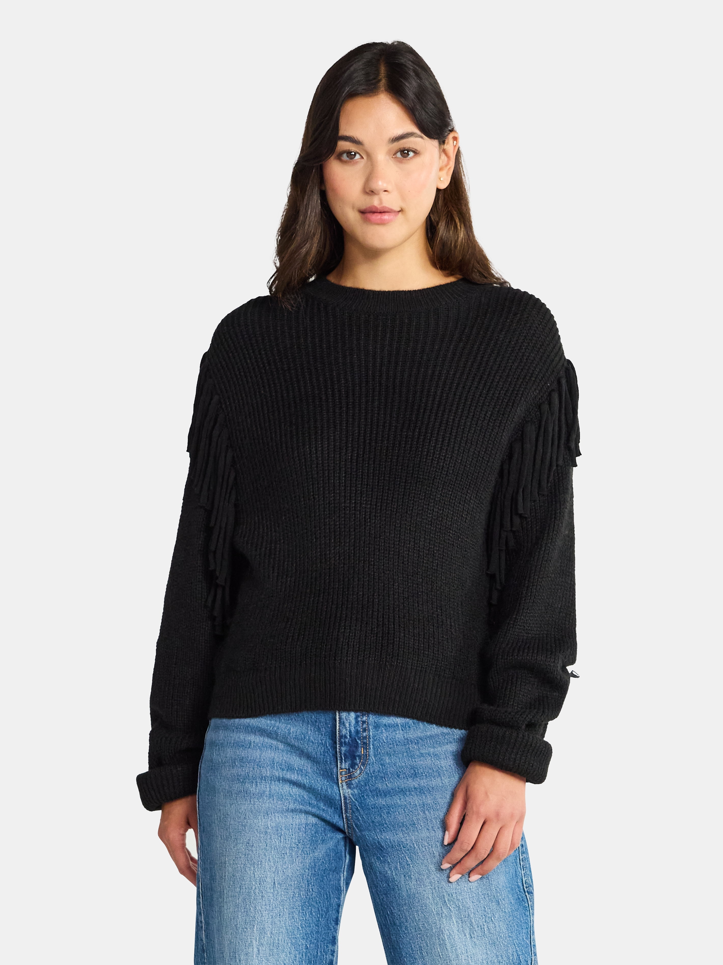 Time and Tru Women's Fringe Pullover Sweater, Midweight, Sizes XS-XXXL