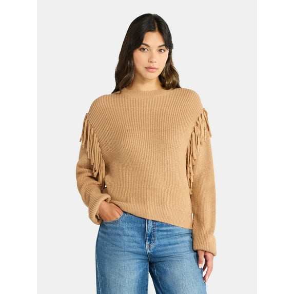 Time and Tru Women's Fringe Pullover Sweater, Midweight, Sizes XS-XXXL