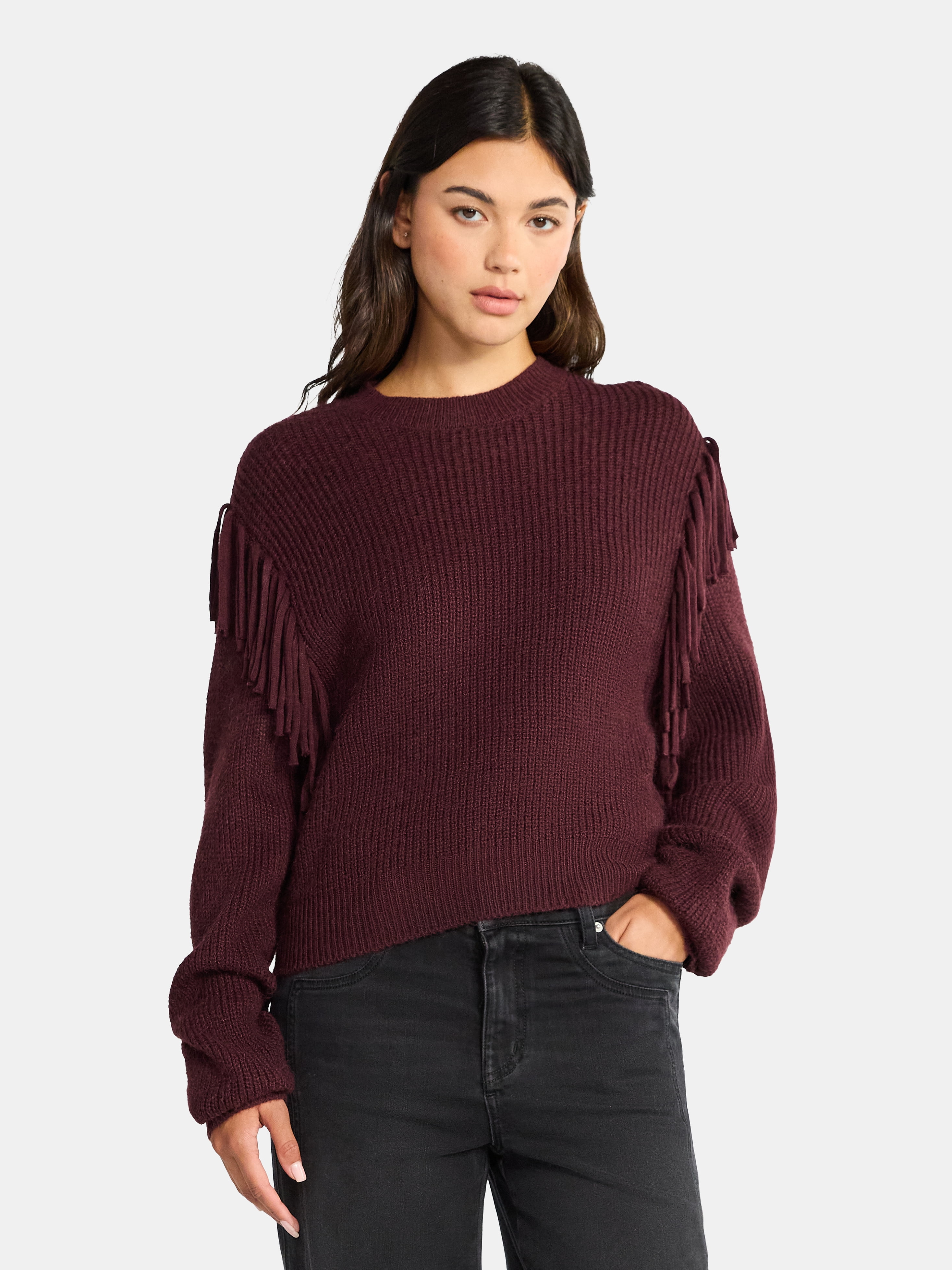 Time and Tru Women's Fringe Pullover Sweater, Midweight, Sizes XS-XXXL