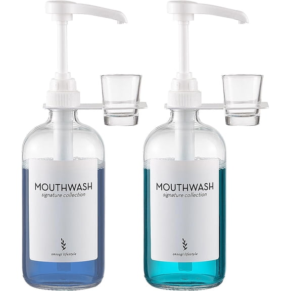 TT - Glass Mouthwash Dispensers with Cup Holders and Pumps, 16 Oz Rustic Boho Mouthwash Dispensers for Bathroom Farmhouse Decor - 2 Pack Clear