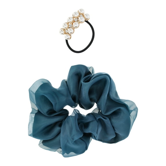 Time and Tru Women's Embellished Hair Tie and Scrunchy Hair Cuff Set, 2-Piece, Blue