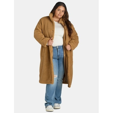 Time and Tru Women's and Women's Plus Teddy Fleece Coat with Funnel Neck, Sizes XS-3X