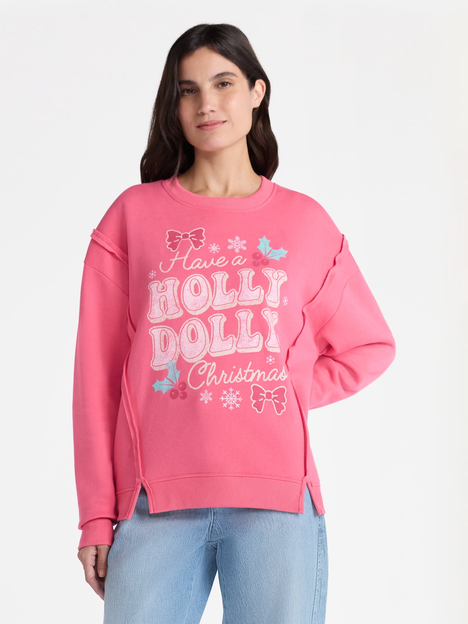 Time and Tru Women's Graphic Long Sleeve Sweatshirt, Holly Dolly Christmas, Sizes XS-XXXL