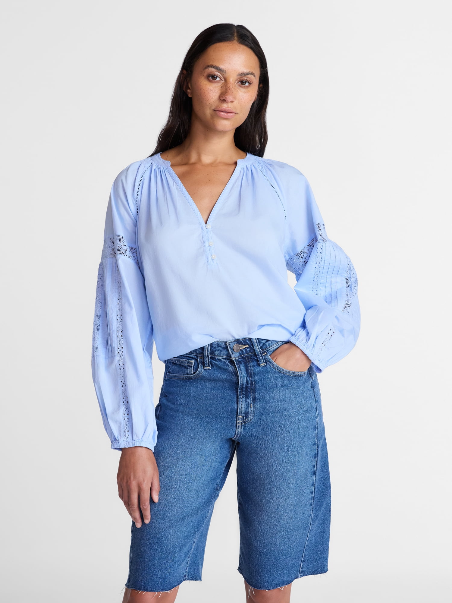 Time and Tru Women's Lace Insert Popover Full Sleeve Top, Sizes XS - XXXL